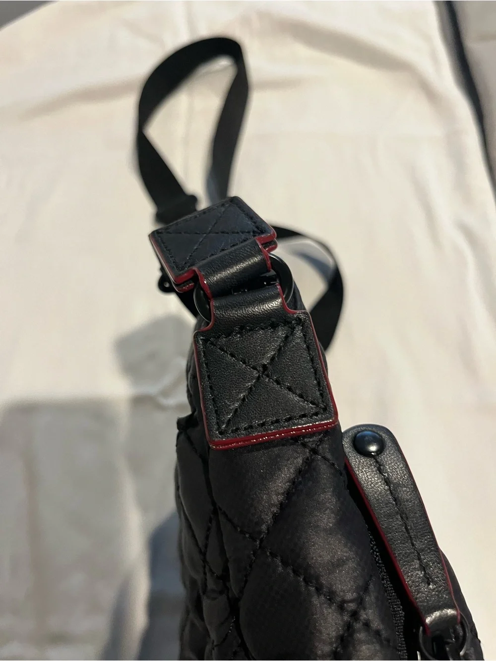MZ Wallace Black Quilted Crossbody Bag with Red Hardware